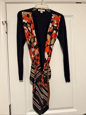 Michael Kors Black Cardigan with Orange Floral & Tan Stripe Scarf Detail